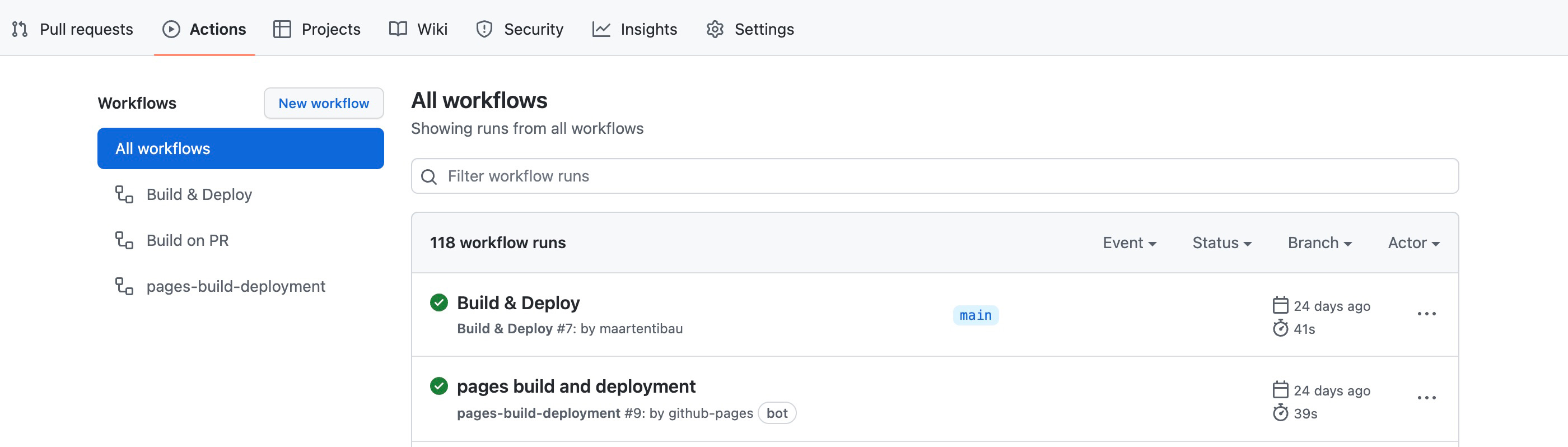 GitHub actions tab