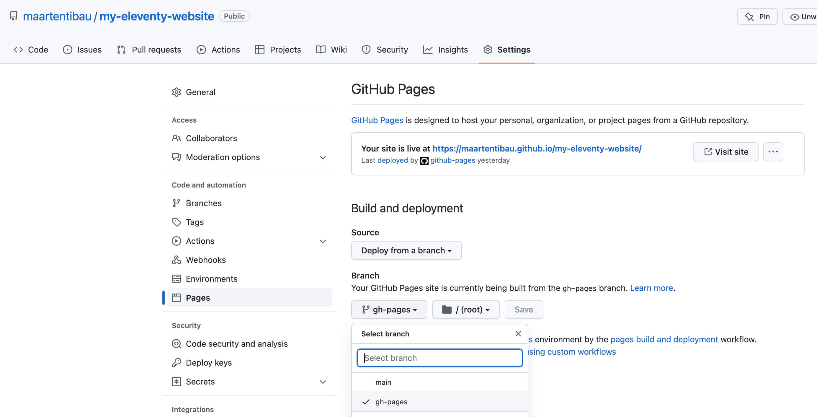 GitHub Pages settings repository